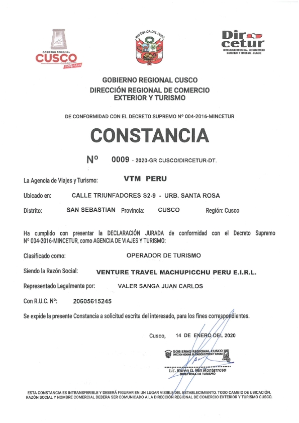 VTM Peru Certification Tourism Operator in Peru