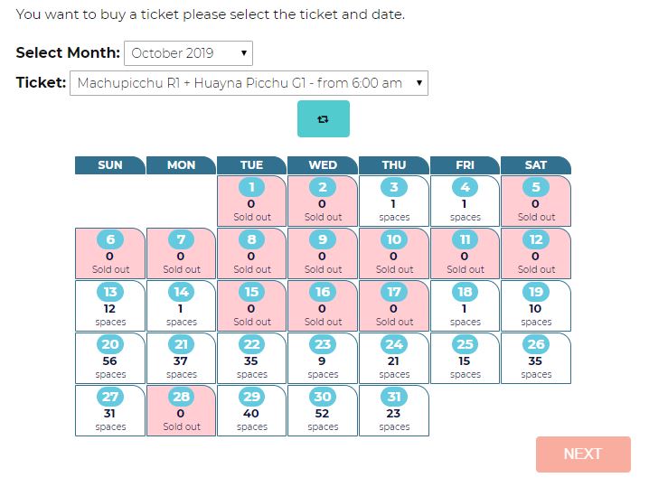 calendar availability machu picchu
